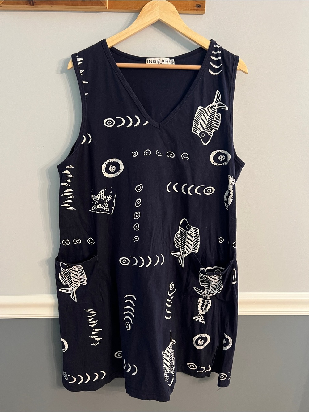 90’s Vintage Inspired Fish Print Beach Cover Up Tunic Dress Coastal Nautical